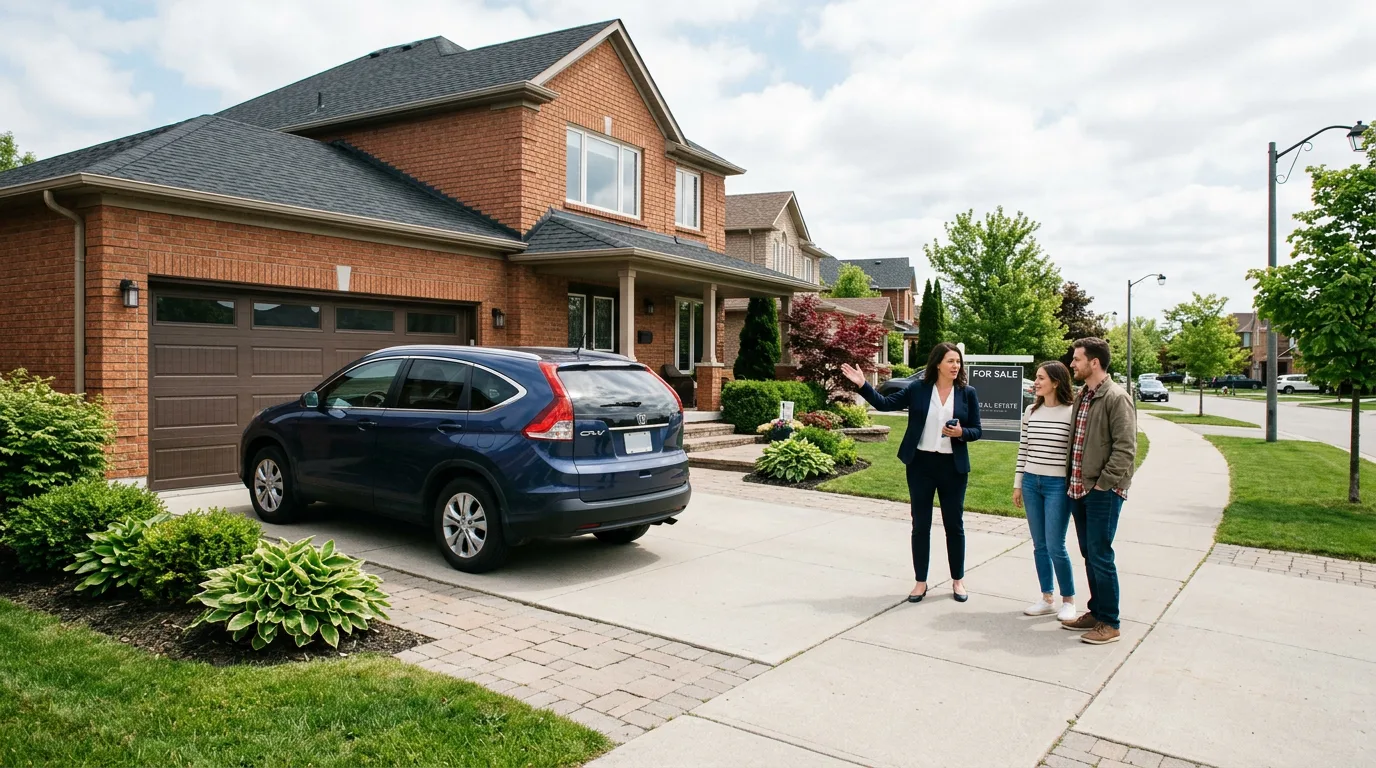 Realtor with clients on the driveway of a well-appointed GTA family home