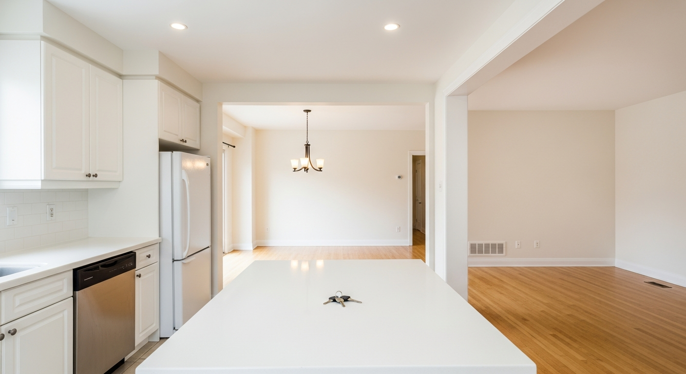 Open-concept staged home interior with bare walls and house keys on kitchen island &mdash; National Home Realty